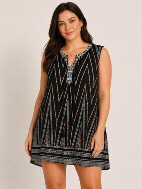 My Danielle XXL Black Geometric Print Sleeveless Tunic Dress Tassel Tie Top